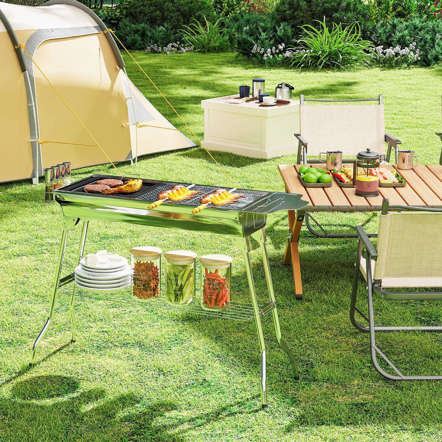 Portable Charcoal Grill, Stainless Steel, Folding With Shelf