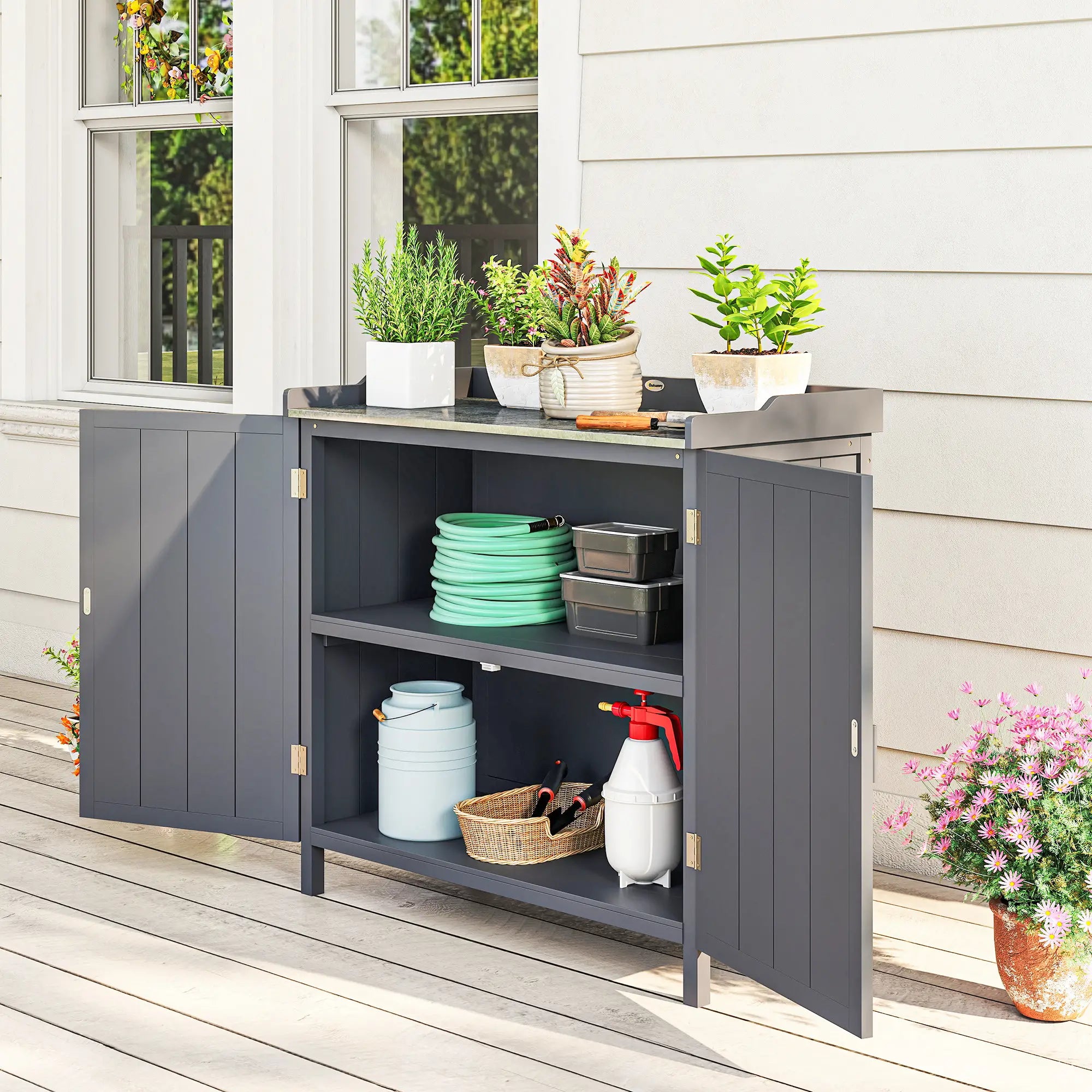 Outdoor Garden Storage Cabinet, Potting Bench with Galvanized Top, Grey Sheds at Gallery Canada