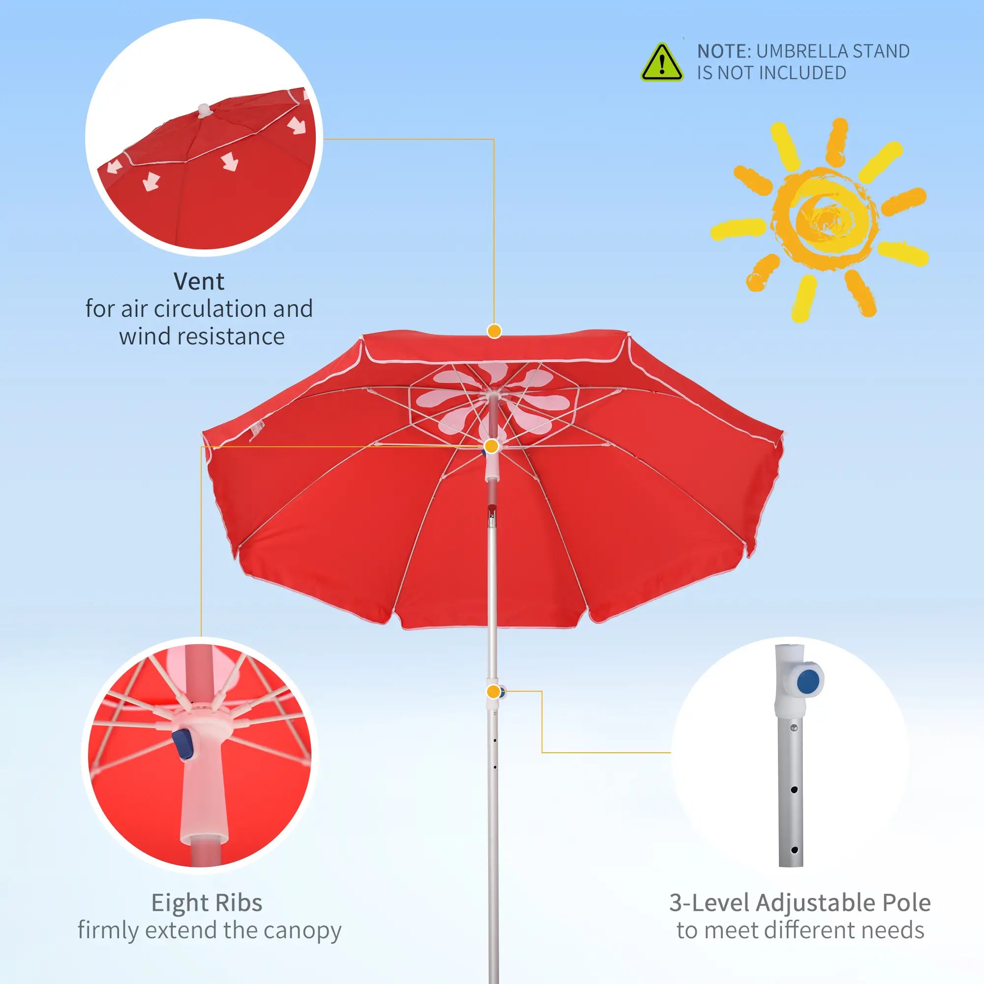 6.4ft Beach Umbrella, Aluminum Pole, Adjustable Tilt, Carry Bag, Red Beach Umbrellas at Gallery Canada