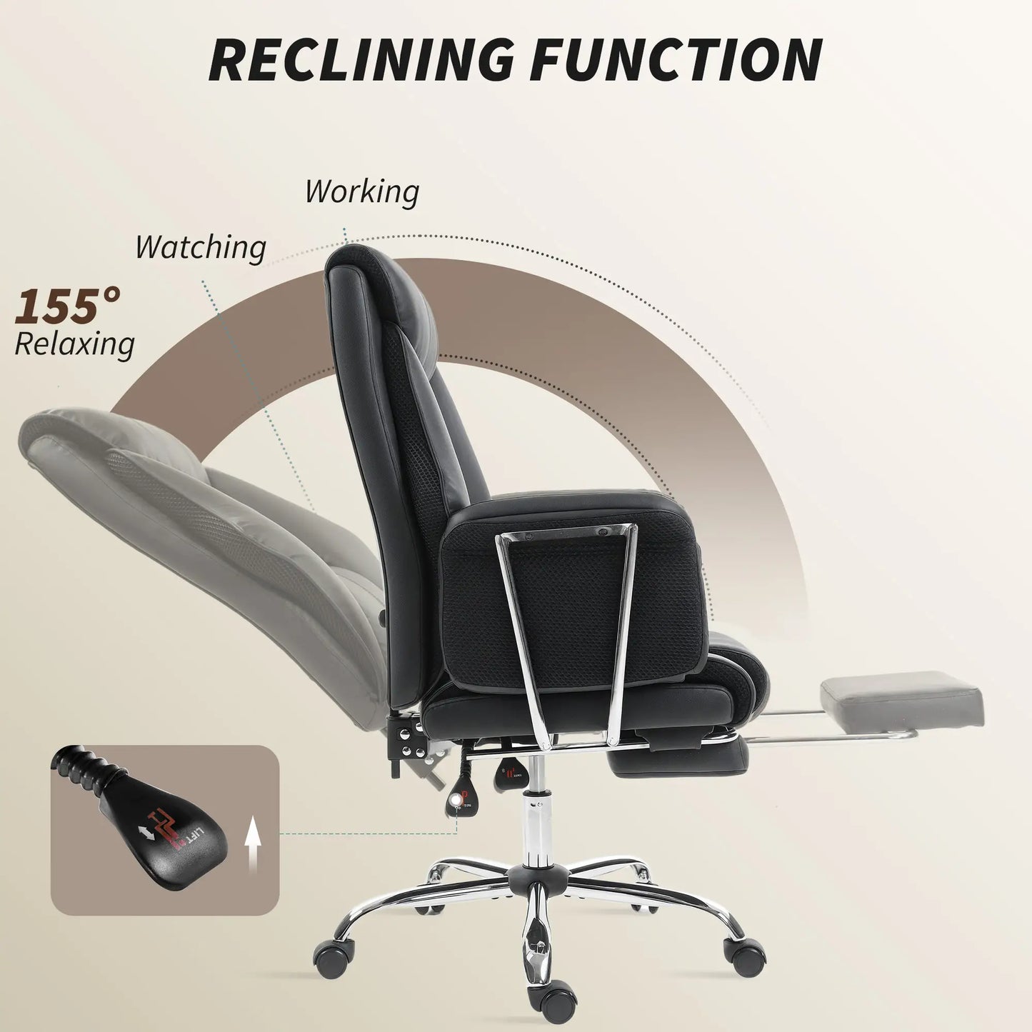 Reclining Office Chair, High Back Executive Desk Chair, PU Leather, Footrest, Swivel Wheels, Black Executive & Manager Chairs at Gallery Canada