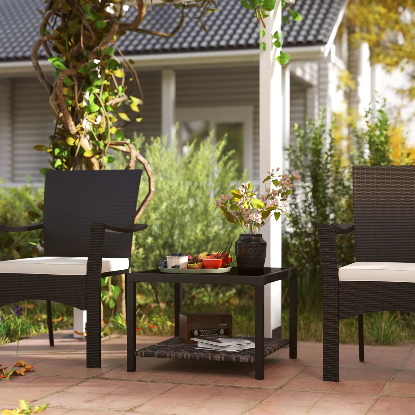 23.6" Rattan End Table, Outdoor Coffee Table, Tempered Glass Top, Black Patio Side Tables at Gallery Canada