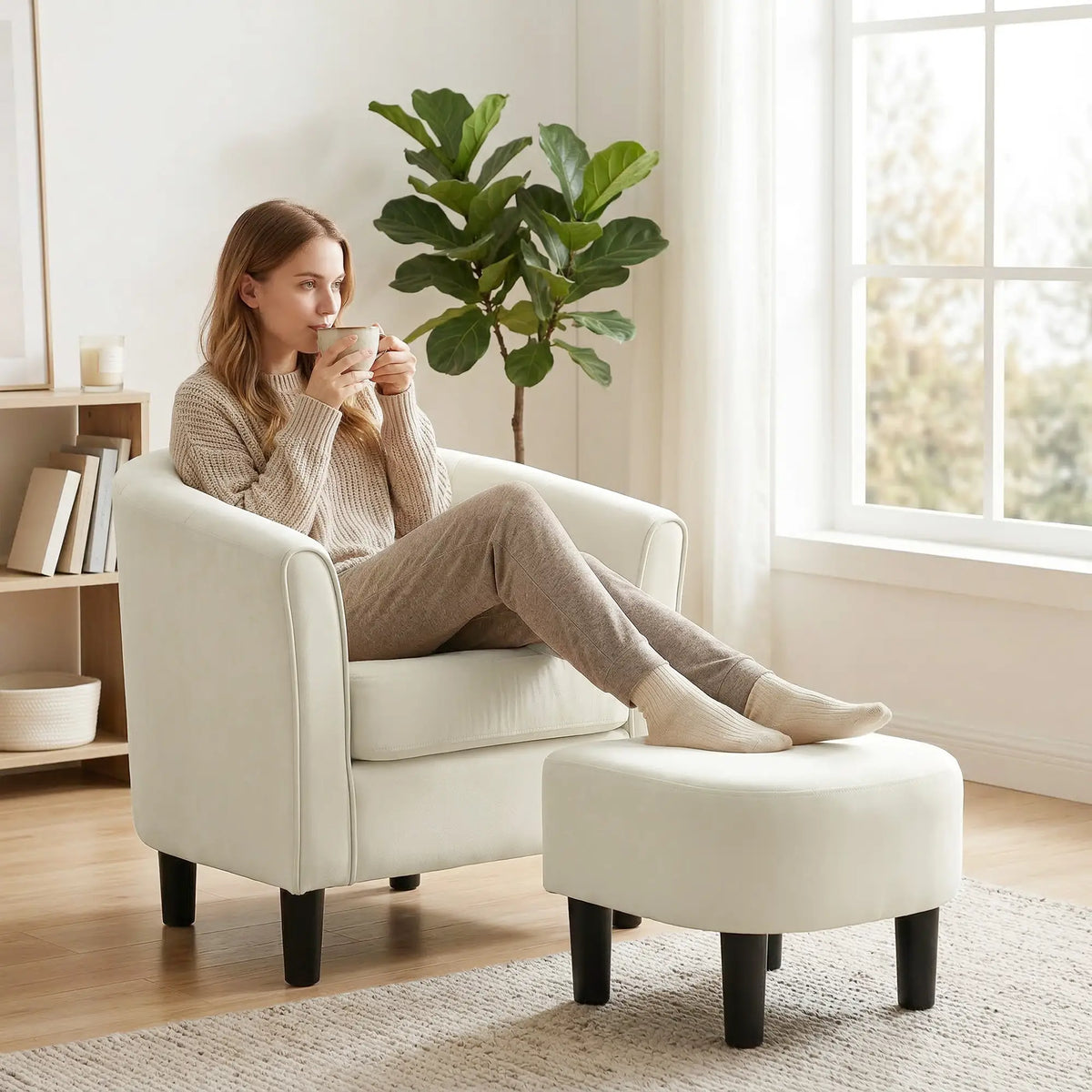 Accent Chair Modern Upholstered Living Room Chair with Ottoman and Pocket Spring Cushion Cream White Accent Chairs at Gallery Canada