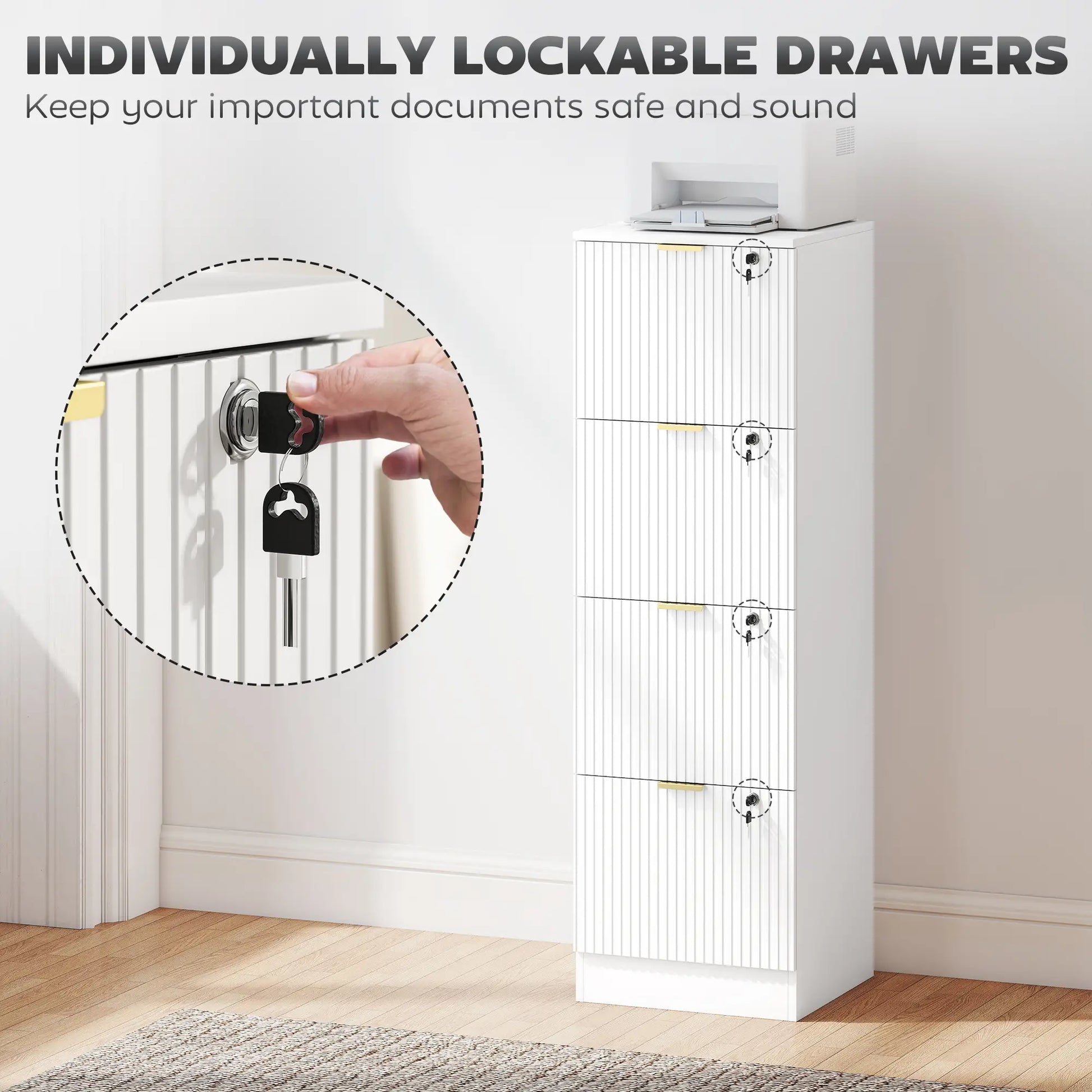 Lockable Filing Cabinet, 4 Drawers, Adjustable Hanging Rails, White Office Cabinets & Cupboards at Gallery Canada