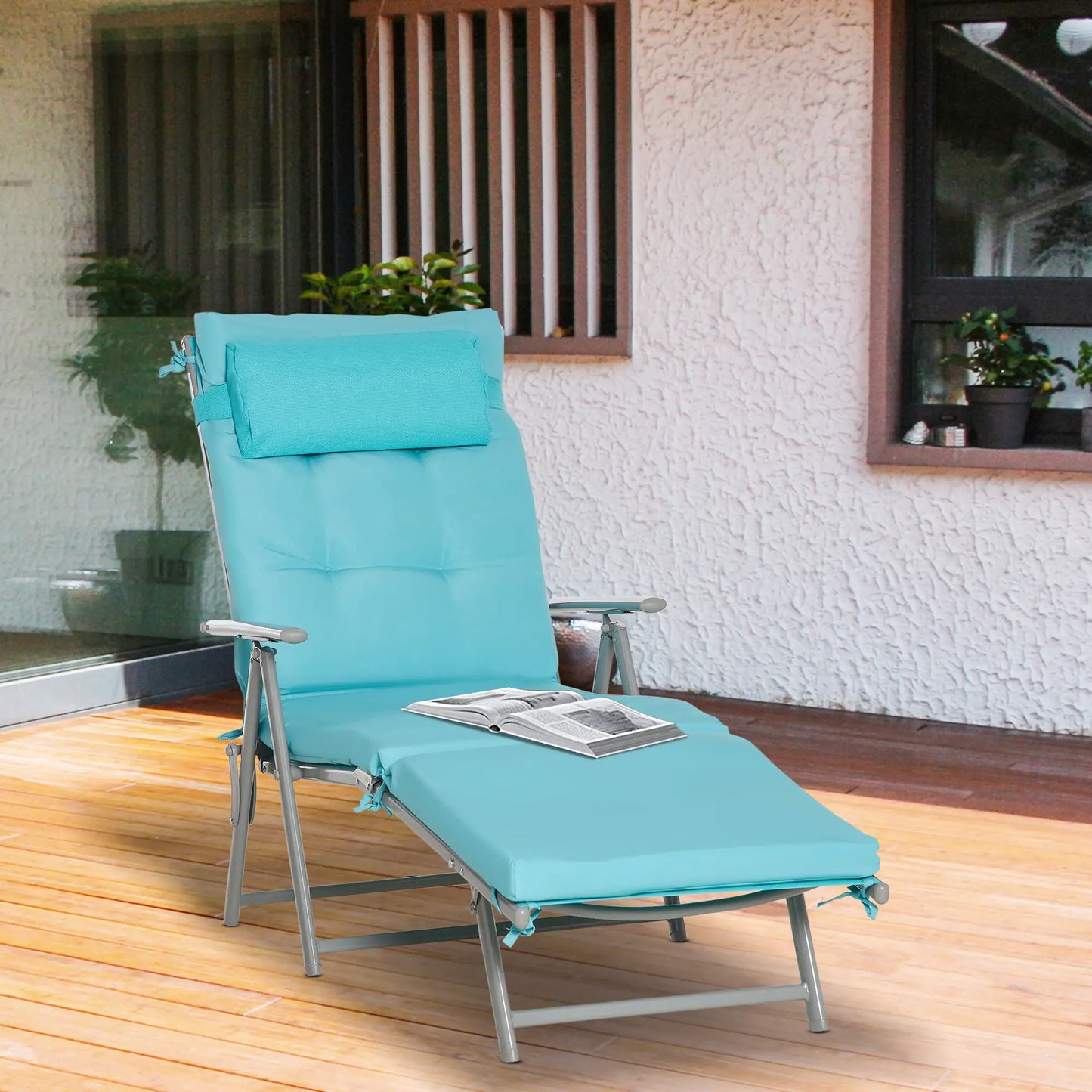 Outdoor Folding Chaise Lounge, Adjustable Backrest, Cushion, Headrest, Blue Lounger Chairs at Gallery Canada