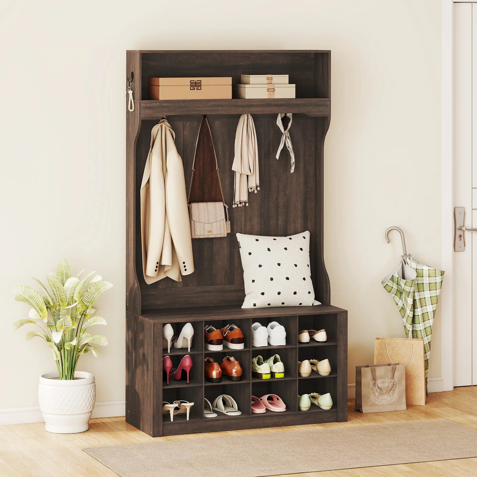 4-In-1 Hall Tree with Bench, Shoe Storage, 12 Cubbies, 6 Hooks, Dark Brown Clothing Storage at Gallery Canada