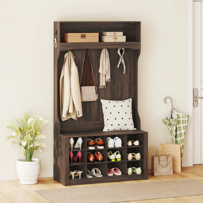 4-In-1 Hall Tree with Bench, Shoe Storage, 12 Cubbies, 6 Hooks, Dark Brown Clothing Storage at Gallery Canada