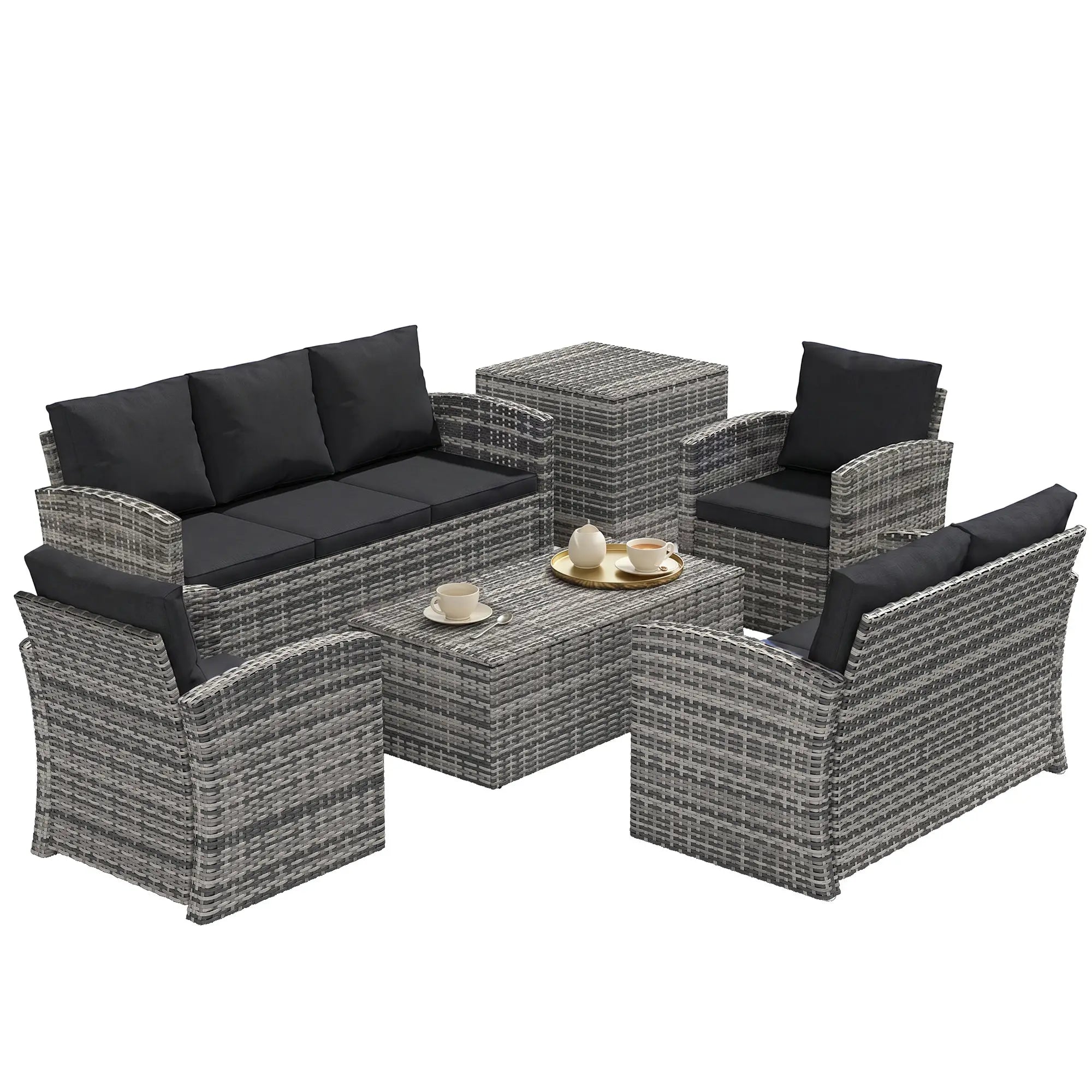 6-Piece Wicker Patio Furniture Set, 7-Seater with Cushions, Black Patio Furniture Sets at Gallery Canada