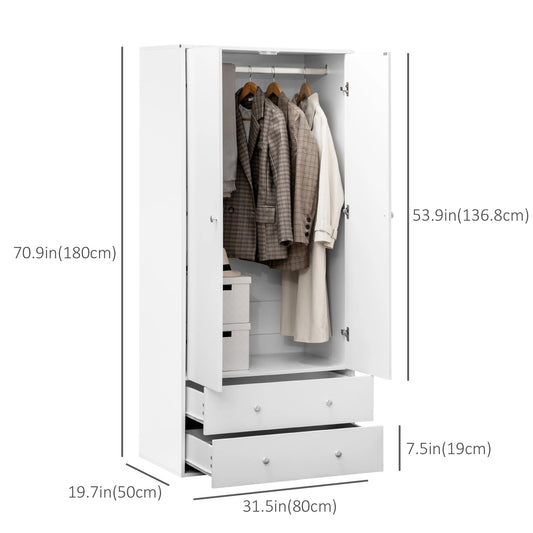 Modern Wardrobe Closet, 2 Drawers, Hanging Rod, Anti-Tipping, White Clothing Storage at Gallery Canada