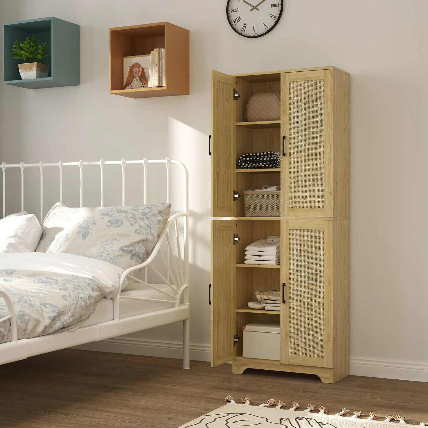 67" Tall Kitchen Pantry, Freestanding Cabinet, 4 Rattan Doors, Adjustable Shelves, Oak Storage Cabinets at Gallery Canada