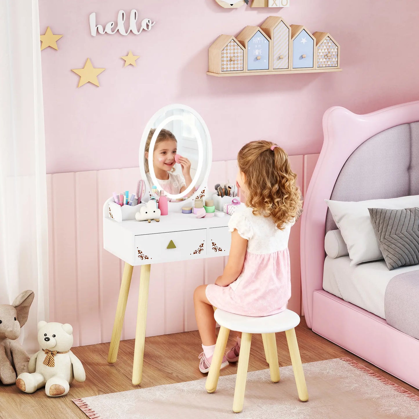 Kids Vanity Set with Mirror, Stool, 3-Color LED Lights, Pink Toy Vanity at Gallery Canada