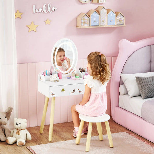 Kids Vanity Set with Mirror, Stool, 3-Color LED Lights, Pink Toy Vanity White at Gallery Canada
