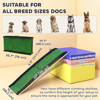 61 Pouces Rampe pour Animaux de Compagnie Pliable avec Surface en Herbe, Garde-Corps Surélevés