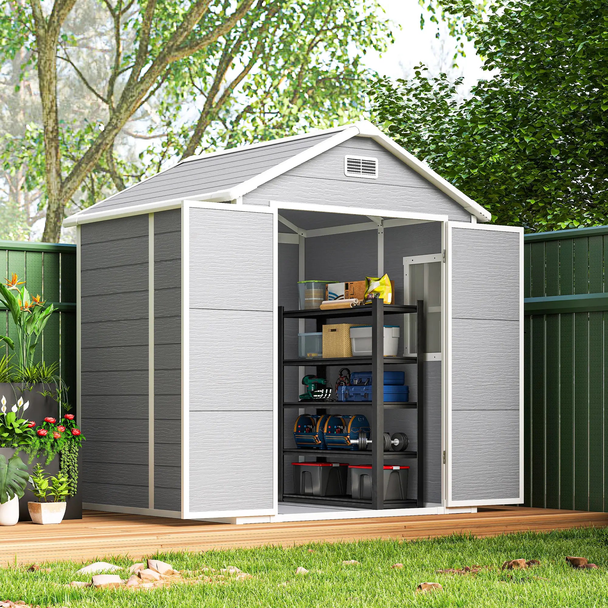 6' x 5' Plastic Outdoor Storage Shed, Garden Shed, Wood Effect Grey, Grey Sheds at Gallery Canada