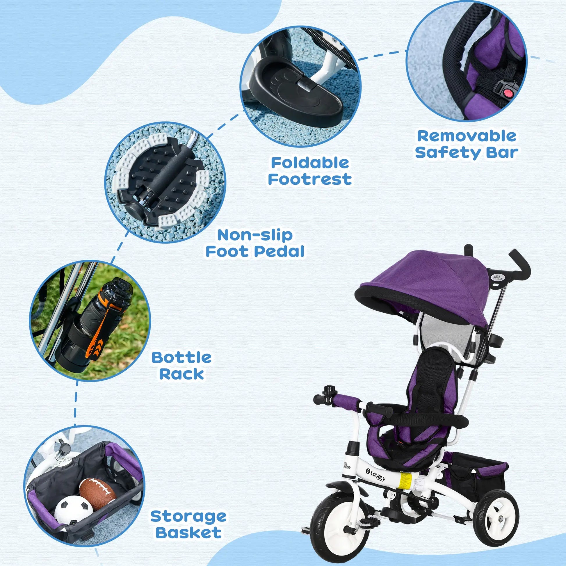 6 in 1 Toddler Tricycle Stroller, Basket, Canopy, 5-Point Harness, 12-60 Months, Purple Tricycles for Kids at Gallery Canada