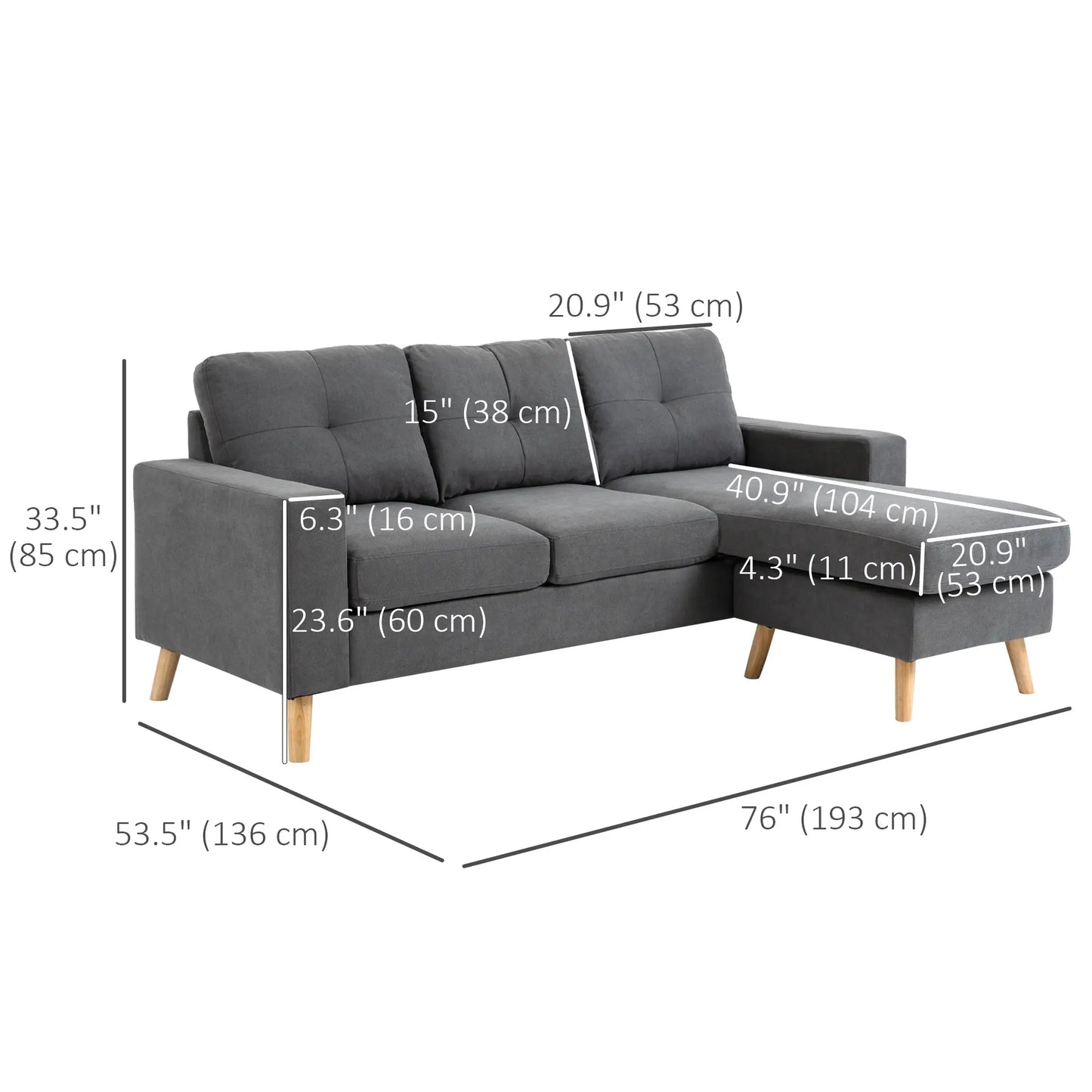 L Shaped Sectional Sofa, Reversible Chaise, Wooden Legs, Dark Grey 3-Seater Sofas at Gallery Canada