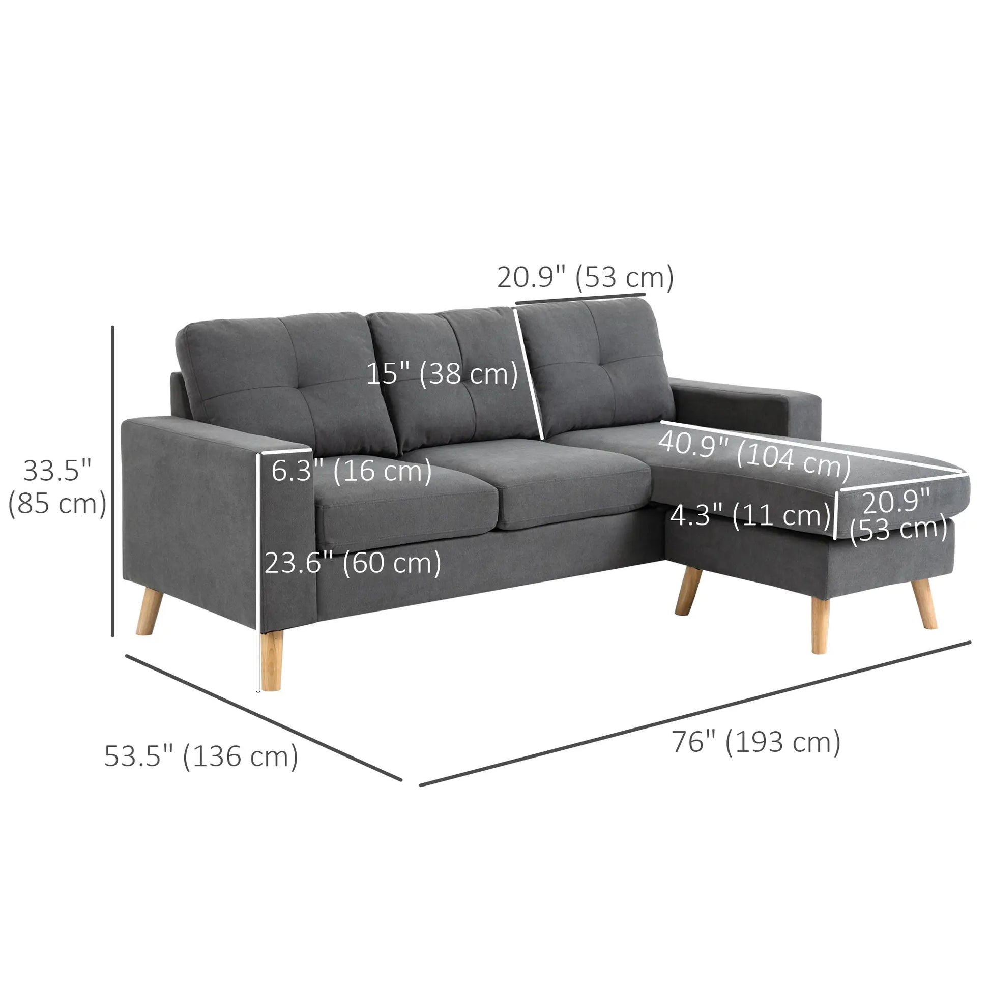 L Shaped Sectional Sofa, Reversible Chaise, Wooden Legs, Dark Grey 3-Seater Sofas at Gallery Canada