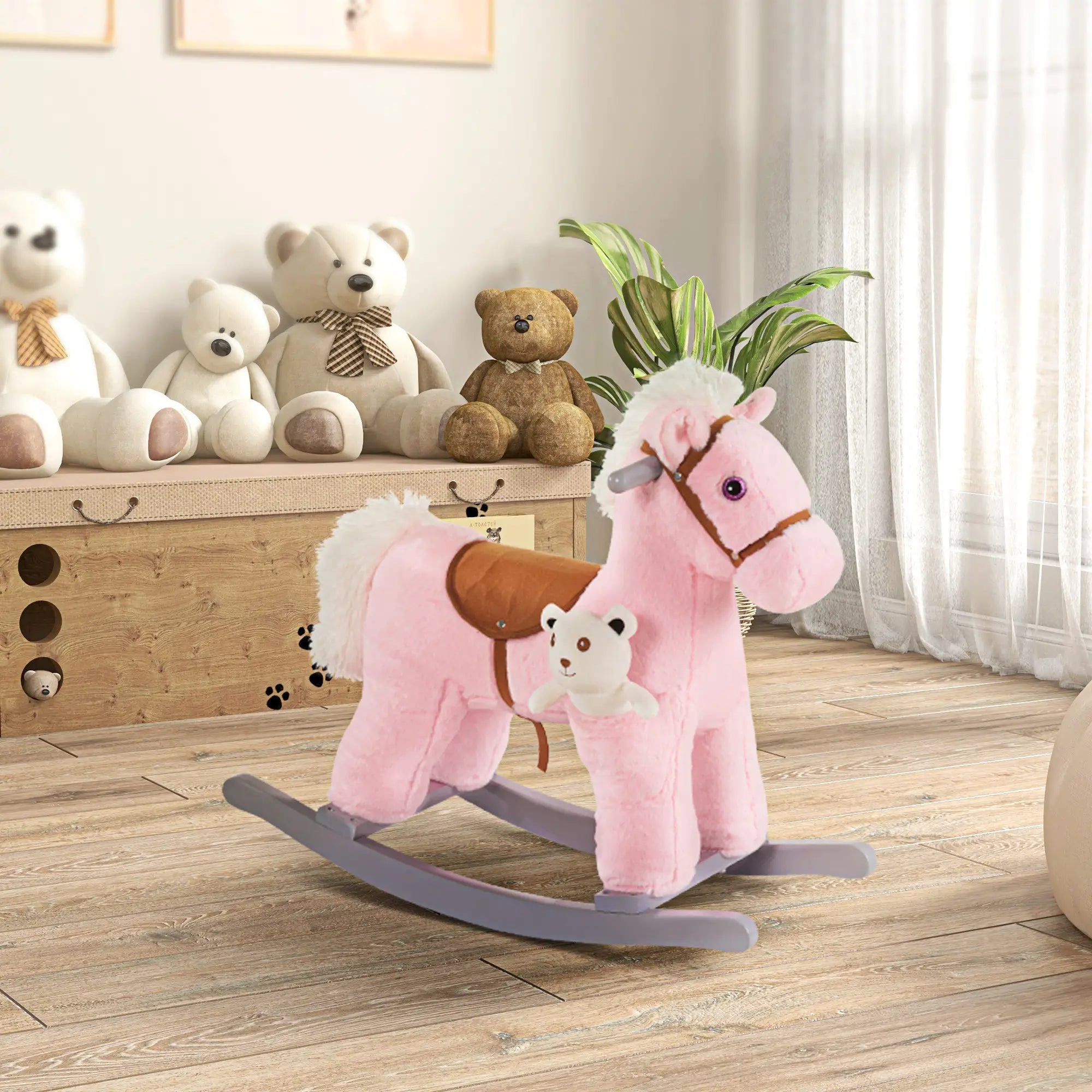 Kids Plush Ride-On Rocking Horse, Soft Bear Toy, Realistic Sounds, Pink Rocking Horses at Gallery Canada