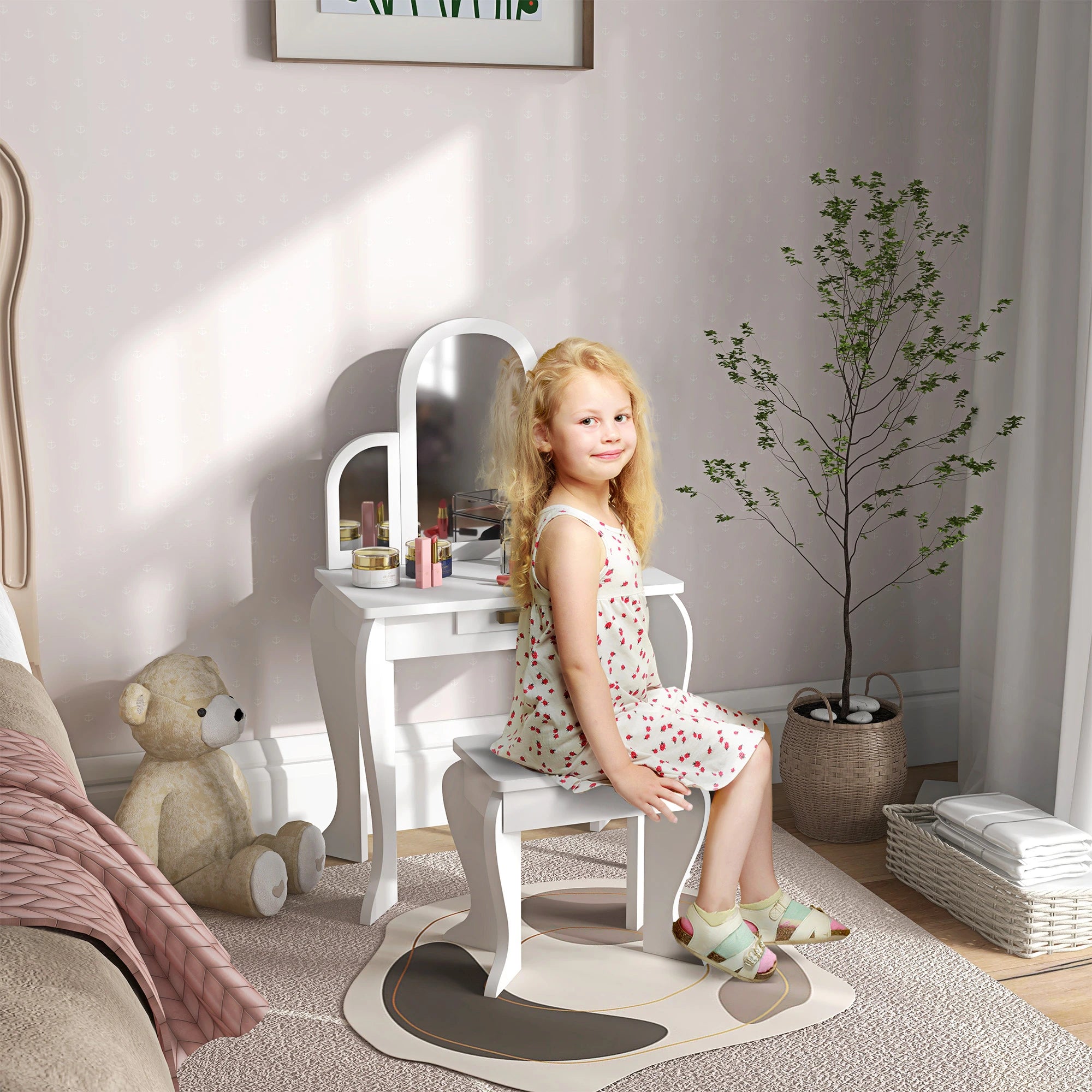 Kids Dressing Table and Chair Set, Makeup Desk with Drawer, White Toy Vanity at Gallery Canada