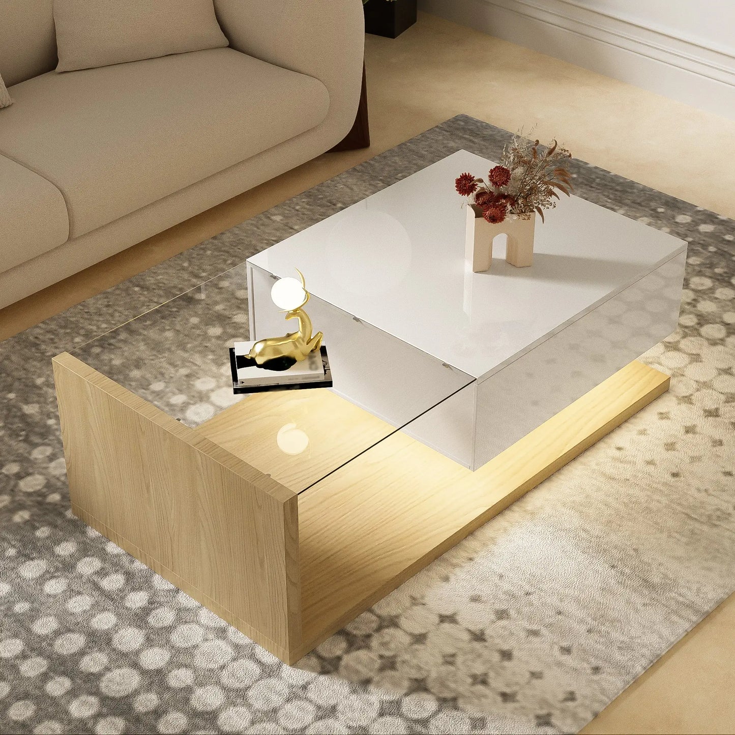 Modern Coffee Table, Glass LED Effect, Storage, 41.5" L x 21.5" W x 12.5" H, White+Wood, White, Wood Coffee Tables at Gallery Canada