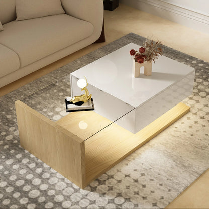 Modern Coffee Table, Glass LED Effect, Storage, 41.5" L x 21.5" W x 12.5" H, White+Wood, White, Wood Coffee Tables at Gallery Canada