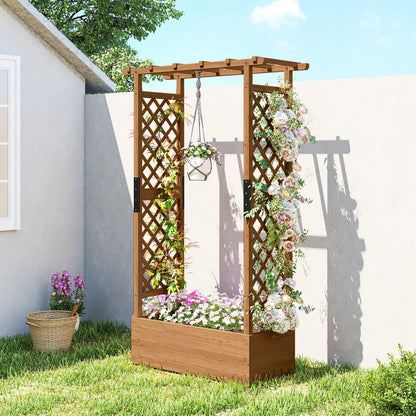 Lit de jardin surélevé en bois avec treillis et toit suspendu, orange