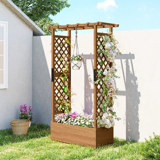 Lit de jardin surélevé en bois avec treillis et toit suspendu, orange