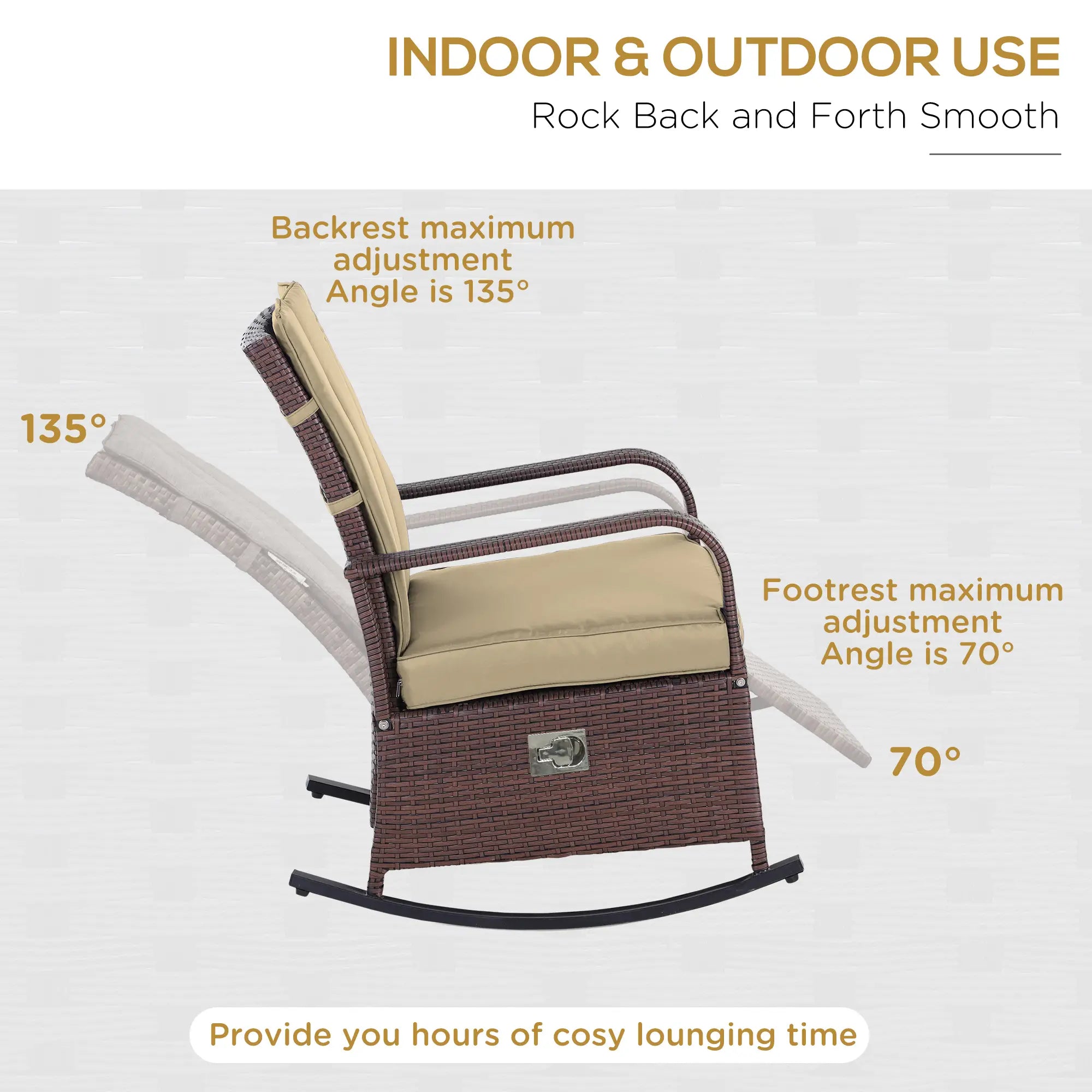 Outdoor Wicker Rocking Chair, PE Rattan Recliner with Cushion, Adjustable Footrest, Khaki Outdoor Rocking Chairs at Gallery Canada