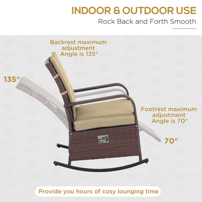 Outdoor Wicker Rocking Chair, PE Rattan Recliner with Cushion, Adjustable Footrest, Khaki Outdoor Rocking Chairs at Gallery Canada