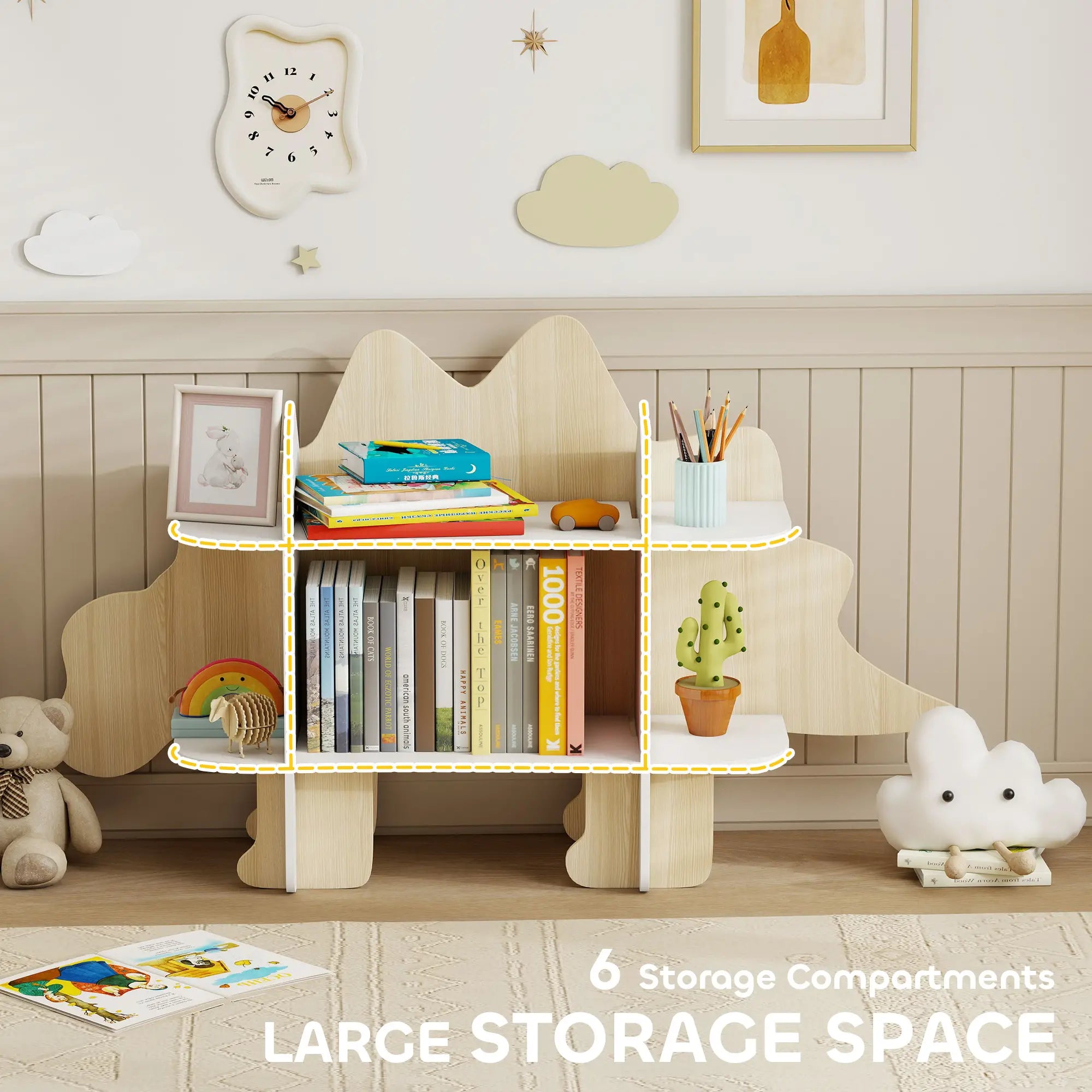 Dinosaur Kids Bookshelf, 2 Tier Bookcase, Natural Bookshelves & Bookcases at Gallery Canada