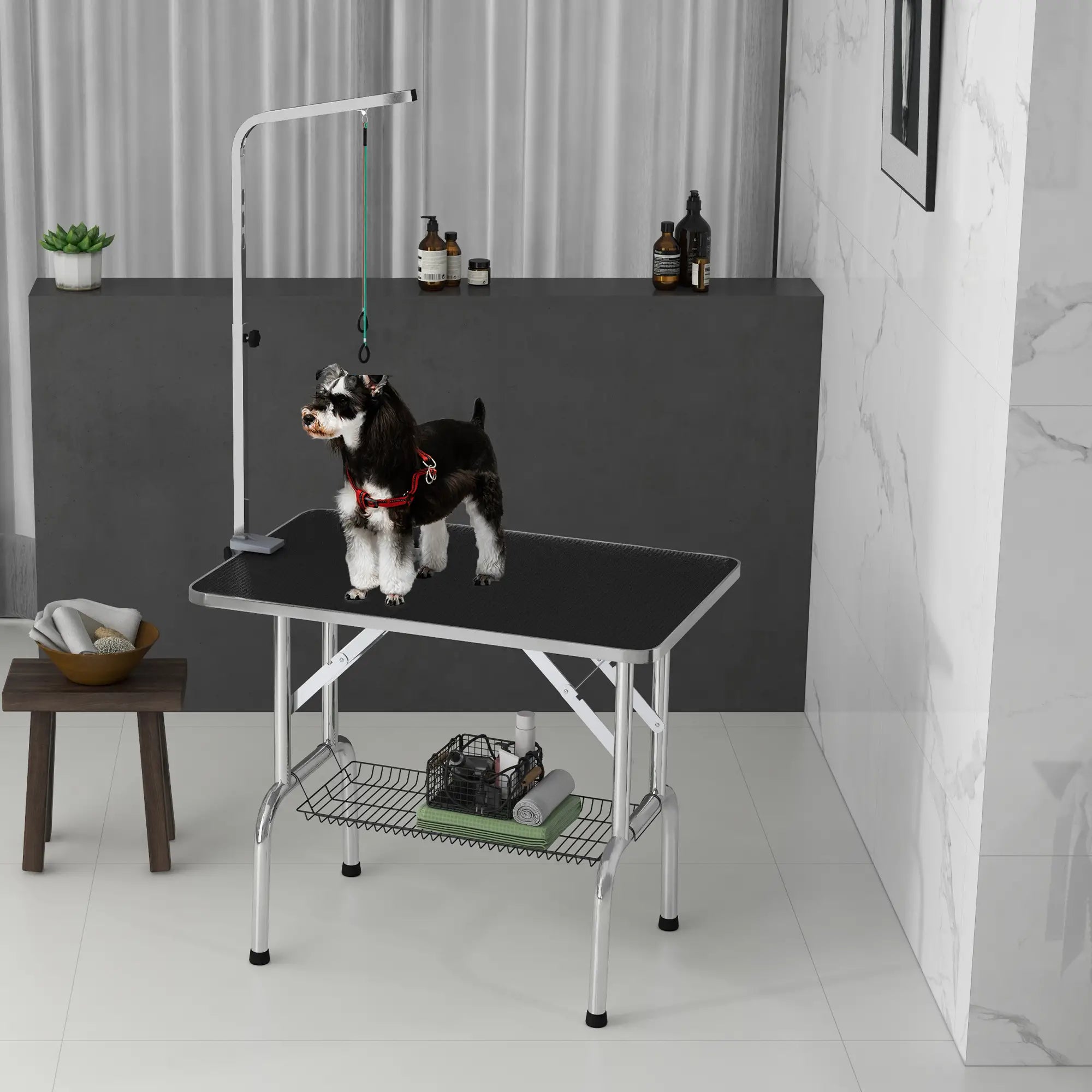 Foldable Dog Grooming Table, Height Adjustable Arm, Storage Shelf, Black Dog Grooming Tables at Gallery Canada