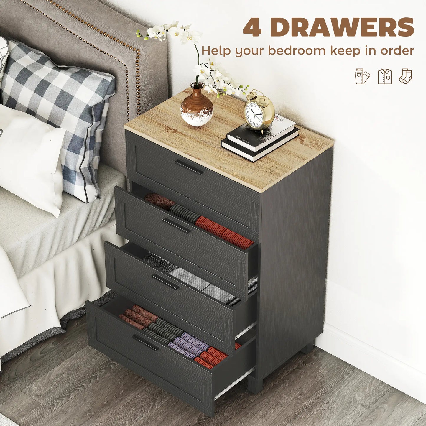 4 Drawer Dresser, Solid Wood Legs, Black Storage Cabinets at Gallery Canada