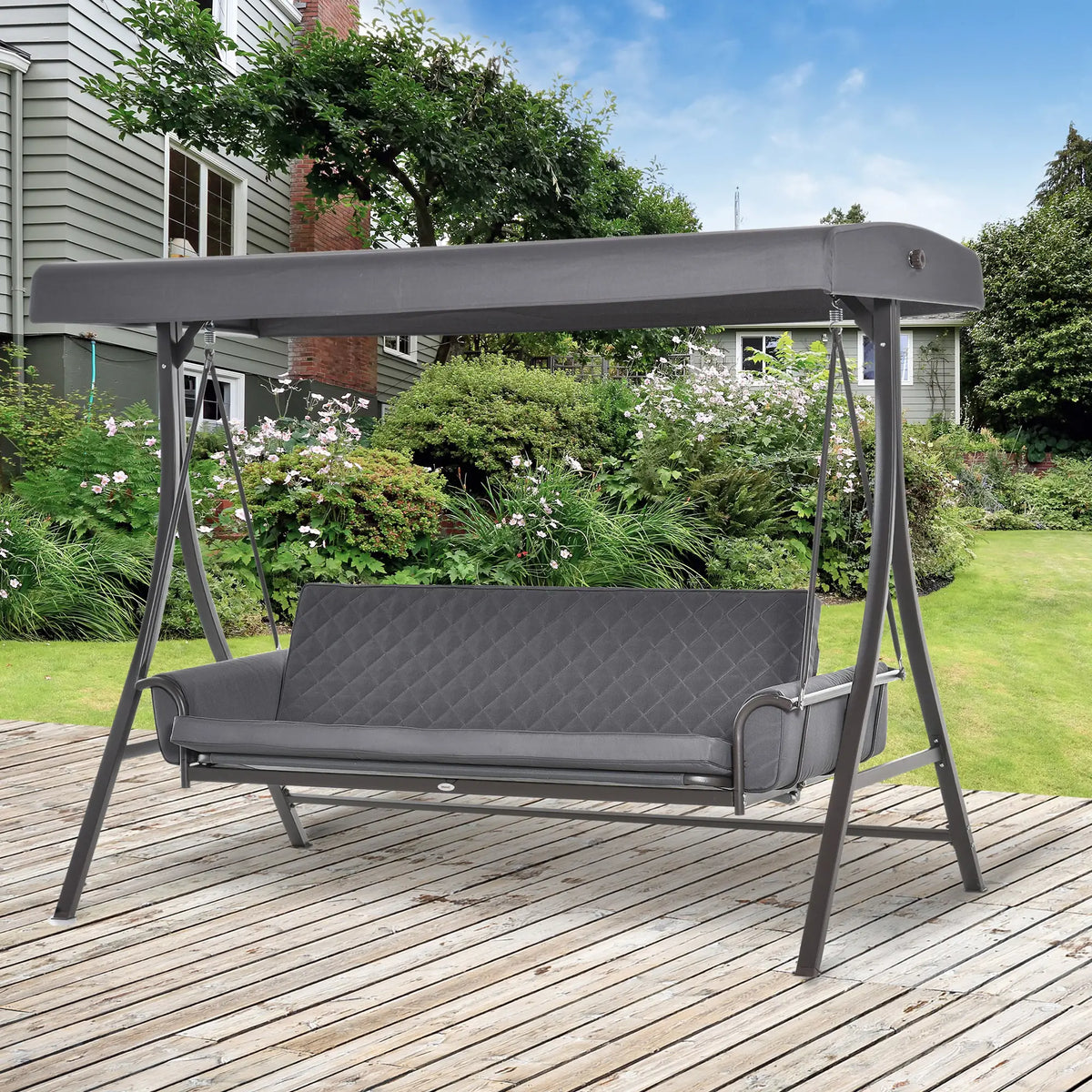 3 Person Porch Swing Bench, Adjustable Canopy, Cushions, Pillows, Dark Grey Porch Swings with Canopy at Gallery Canada