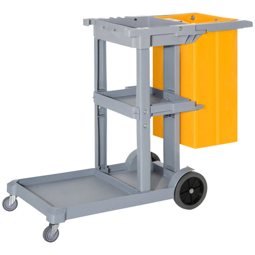 Janitorial Cart with 3 Shelves, Wheels, Rubbish Bag, Mop Holders, Grey
