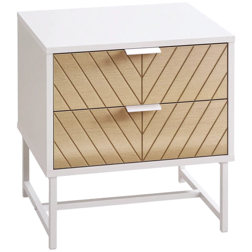 Modern Bedside Table, 2 Drawers, Steel Frame, Oak, White