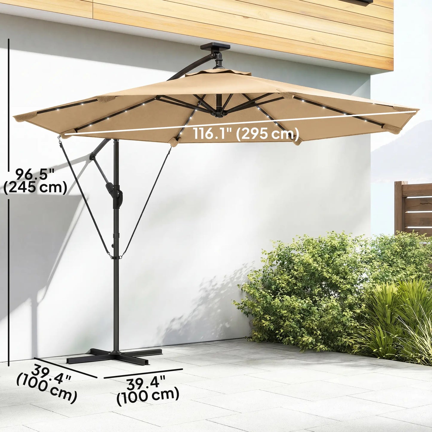 9.7ft Solar LED Cantilever Patio Umbrella, 32 Lights, Cross Base, Crank Handle, Khaki Offset Cantilever Umbrellas at Gallery Canada