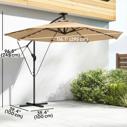 9.7ft Solar LED Cantilever Patio Umbrella, 32 Lights, Cross Base, Crank Handle, Khaki Offset Cantilever Umbrellas at Gallery Canada