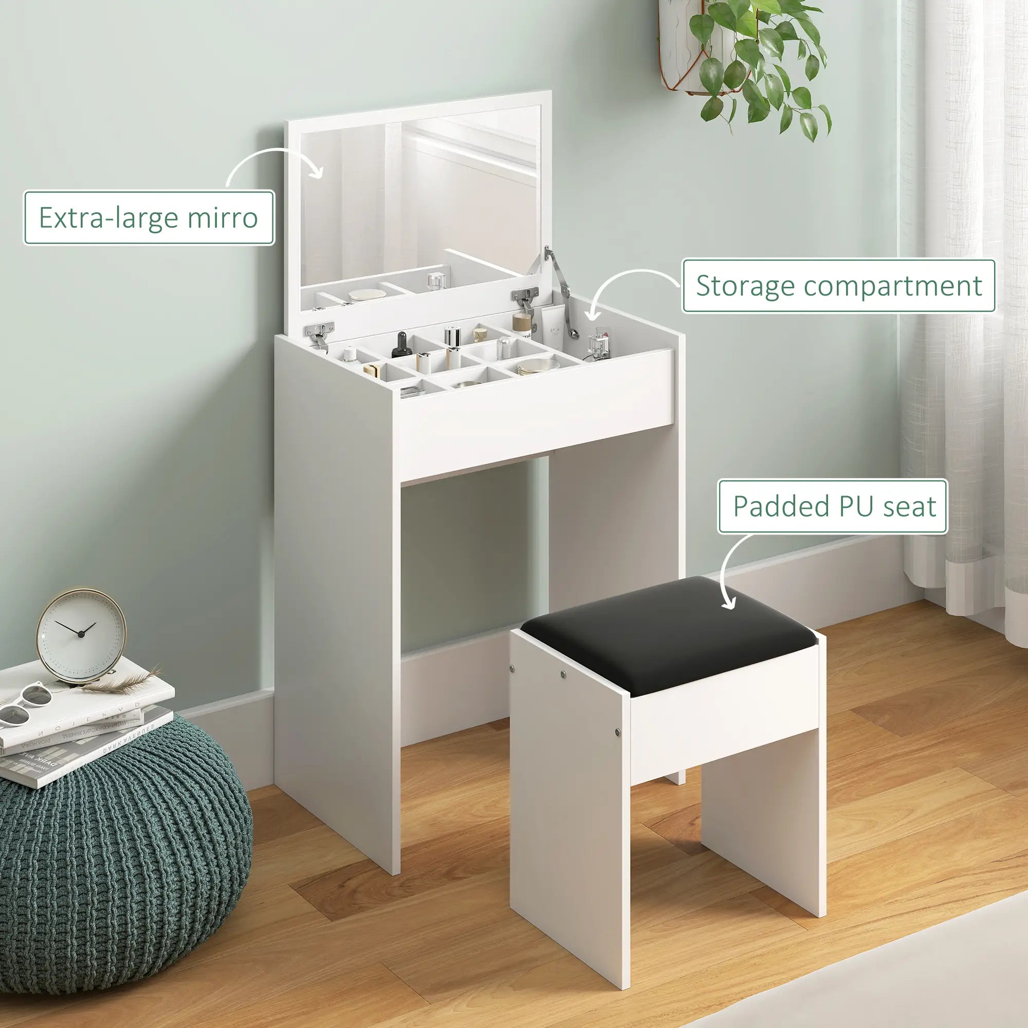 Modern Vanity Set, Makeup Table with Cushioned Stool, Flip Top Mirror, White Dressing & Vanity Tables at Gallery Canada
