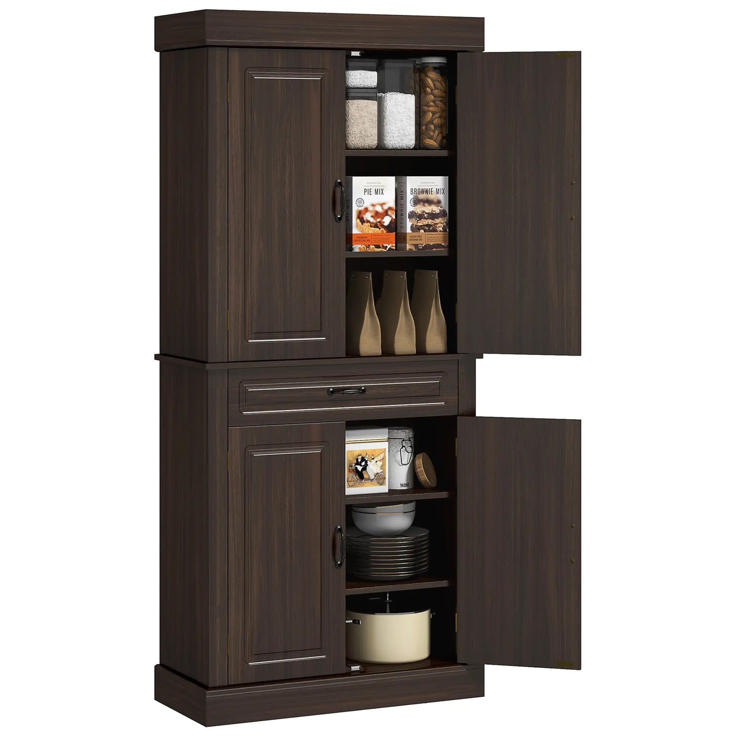 71" Freestanding Kitchen Pantry, 4 Doors 2 Cabinets, Distressed Coffee Kitchen Pantry Cabinets at Gallery Canada