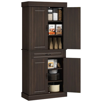 71" Freestanding Kitchen Pantry, 4 Doors 2 Cabinets, Distressed Coffee Kitchen Pantry Cabinets at Gallery Canada