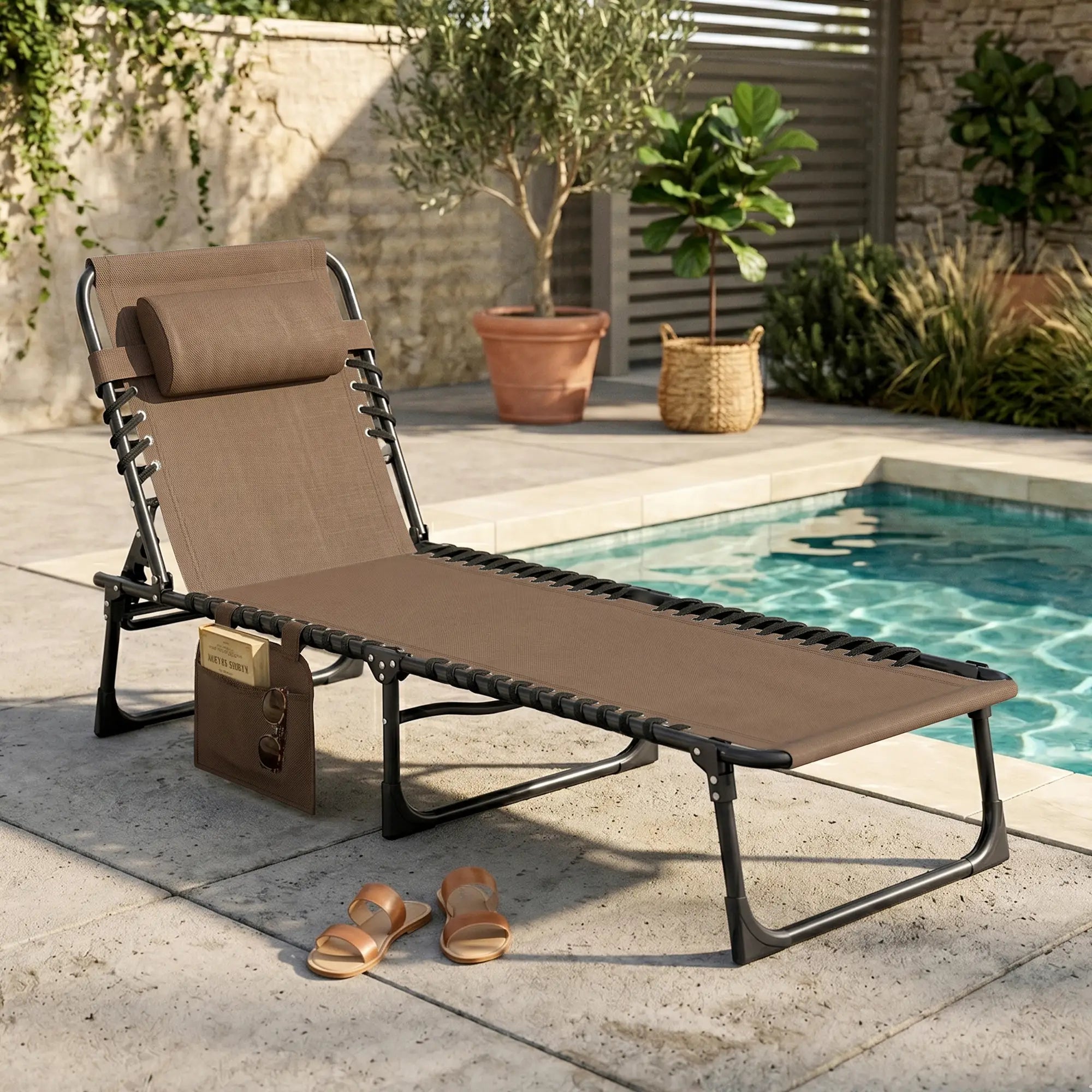 Outdoor Folding Chaise Lounge, Adjustable Backrest, Removable Pillow, Brown Lounger Chairs at Gallery Canada