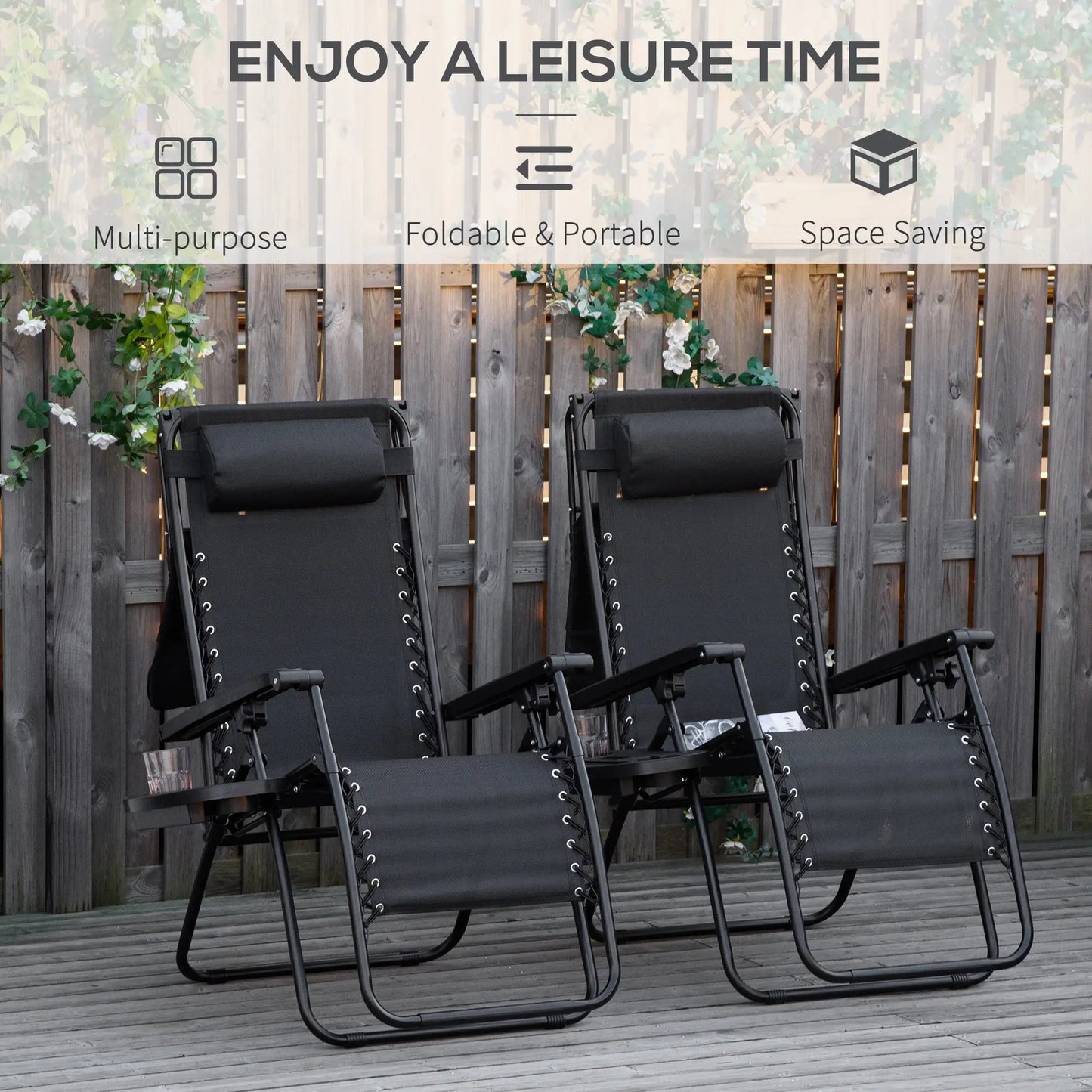 2 Piece Foldable Lounge Chair with Canopy Shade, Outdoor Zero Gravity Chair w/ Side Tray &; Cup Holder, Reclining Lounger w/ Breathable Mesh Fabric Seat, Pillow, Black Lounger Chairs at Gallery Canada