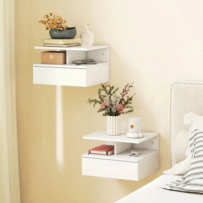 Floating Nightstand Set of 2, Wall Mounted Bedside Table with with Power Outlets, Drawer and Shelf, White