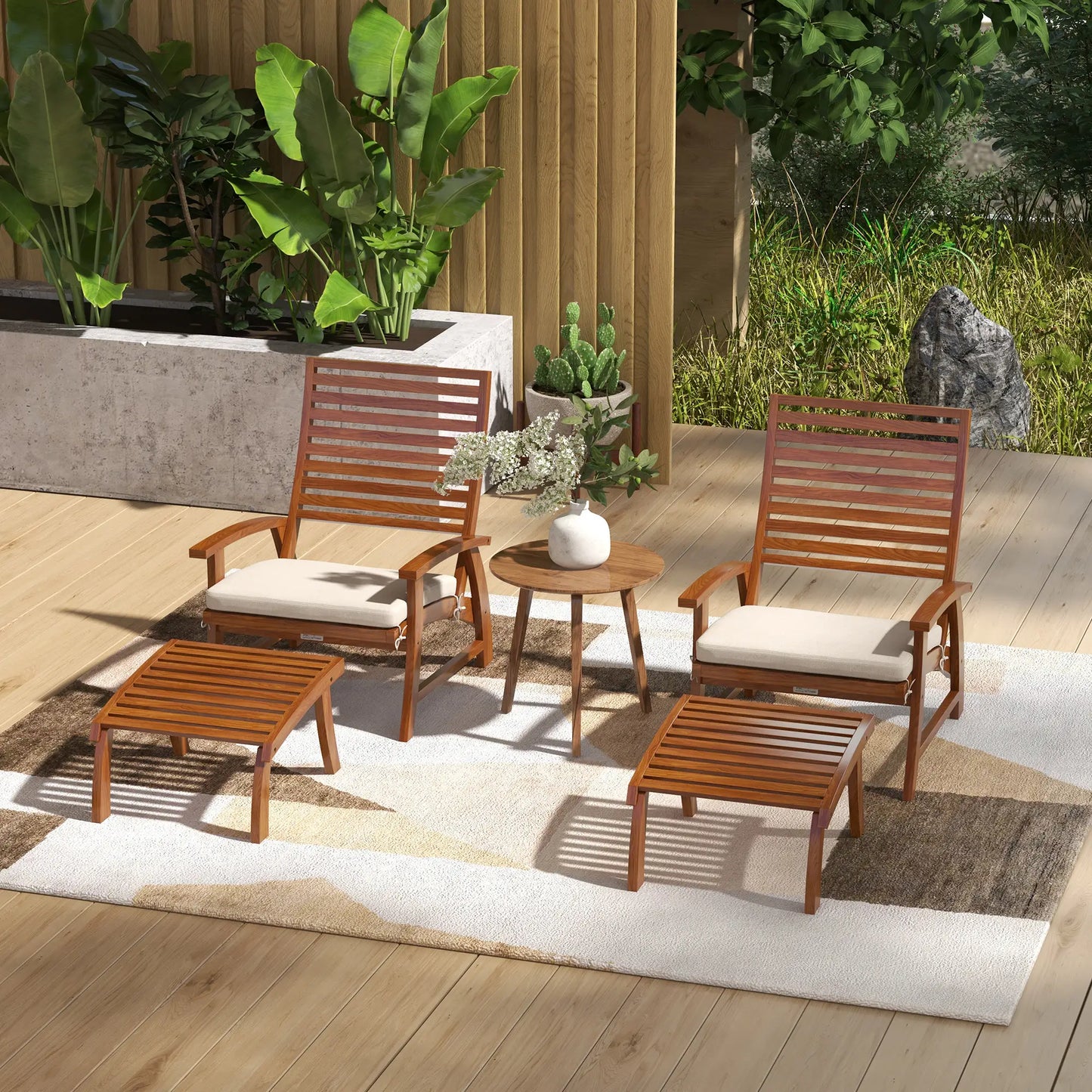 4 Acacia Wood Patio Set, Footstool, Seat Cushions, Cream White Patio Chairs at Gallery Canada