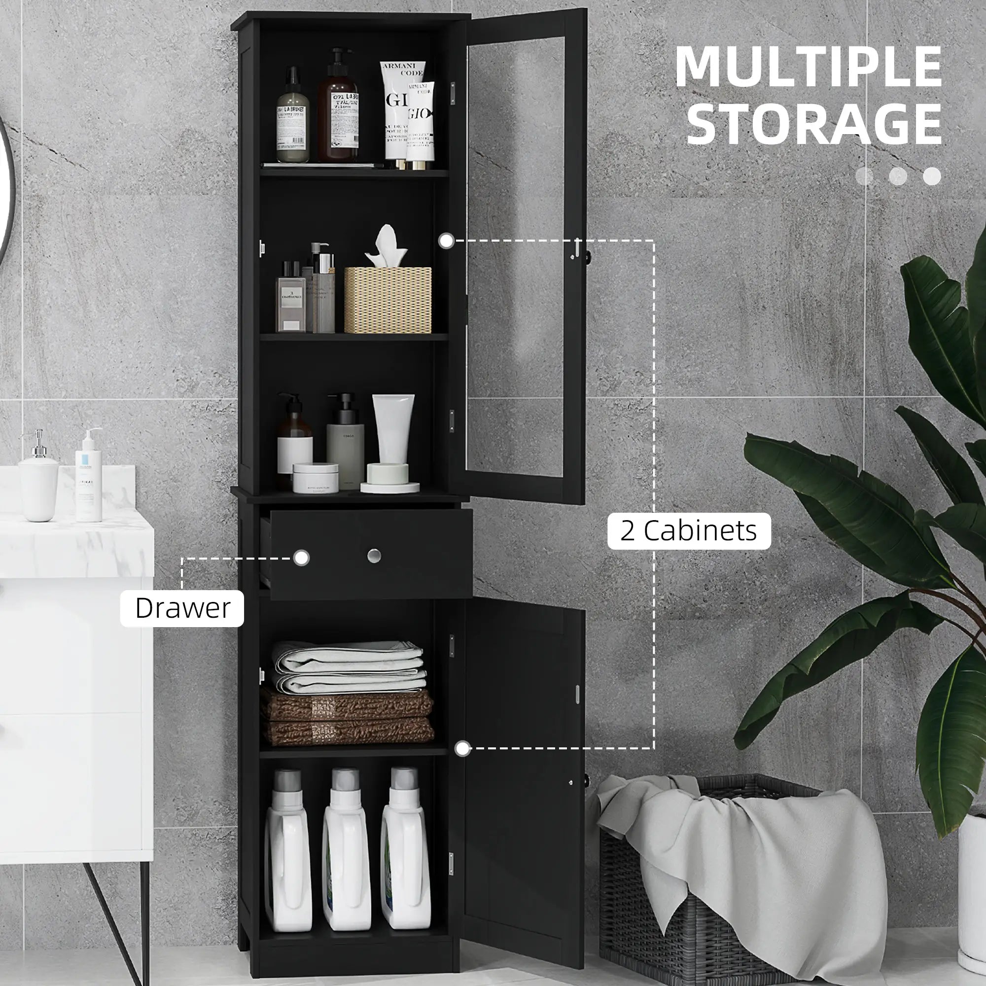 Tall Bathroom Cabinet, 2 Doors, Adjustable Shelves, Black Bathroom Cabinets at Gallery Canada