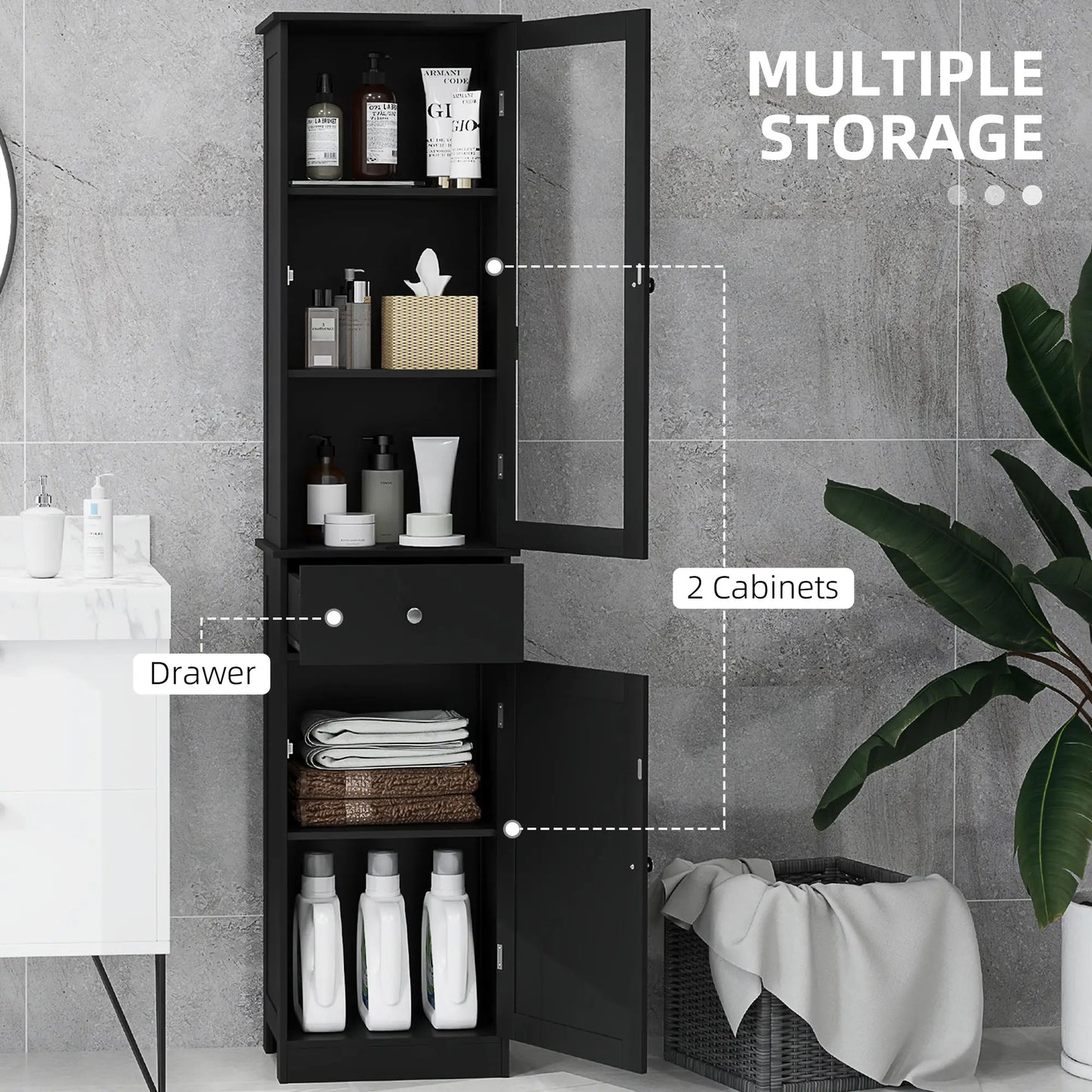 Tall Bathroom Cabinet, 2 Doors, Adjustable Shelves, Black Bathroom Cabinets at Gallery Canada