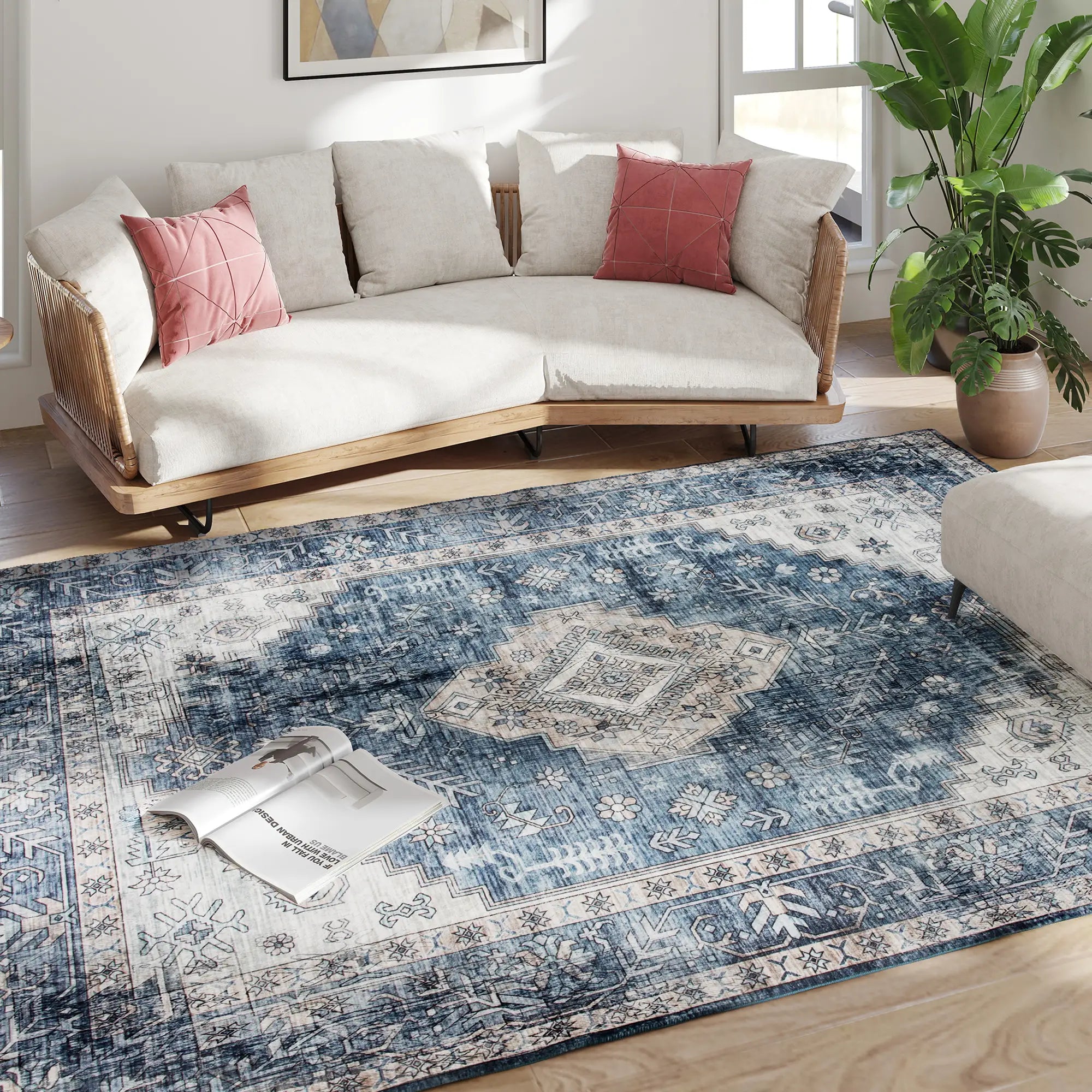 6x9 Vintage Washable Non-Slip Rug, for Living Room, Bedroom, Blue Living Room Furniture at Gallery Canada