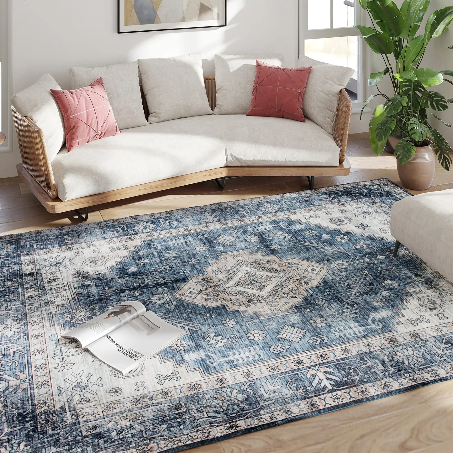 6x9 Vintage Washable Non-Slip Rug, for Living Room, Bedroom, Blue Living Room Furniture at Gallery Canada