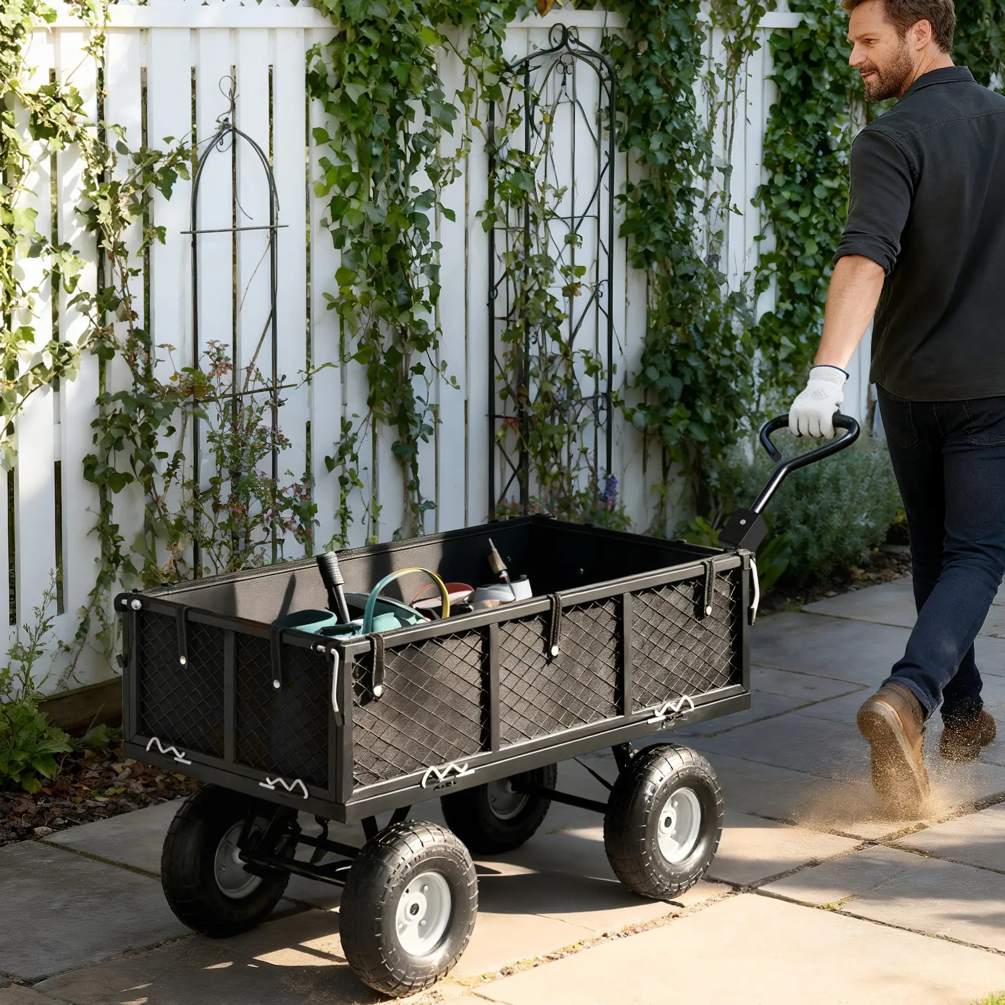 Steel Garden Cart, Utility Wagon, Removable Liner, Quick-Release Sides, 10