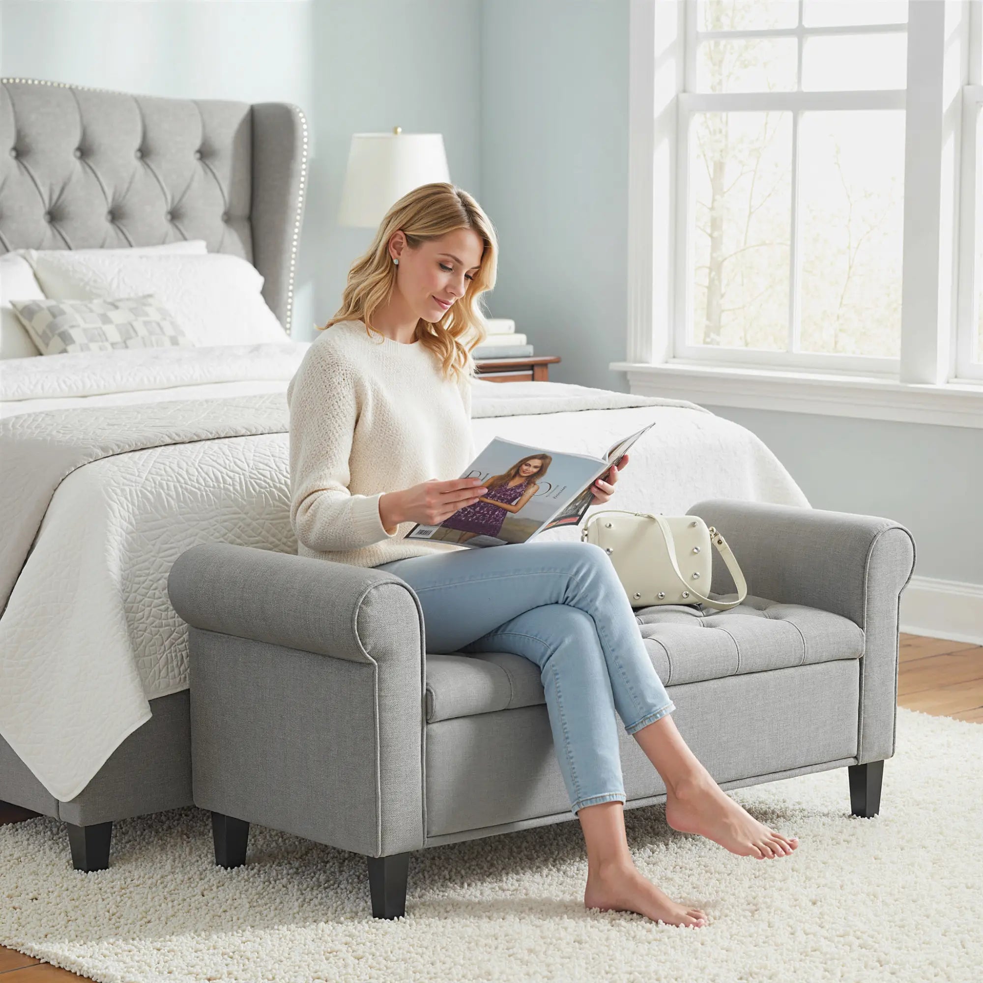 50 Inches Storage Ottoman, Light Grey, Upholstered Bench With Rolled Arms, Light Grey Storage Ottomans & Benches at Gallery Canada