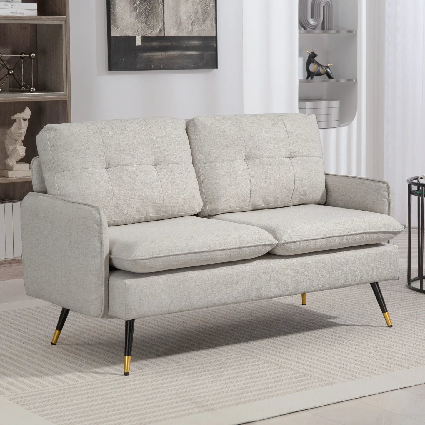55" Loveseat, Fabric Sofa, Button Tufted Back, Steel Legs, Cream White 2-Seater Sofas at Gallery Canada